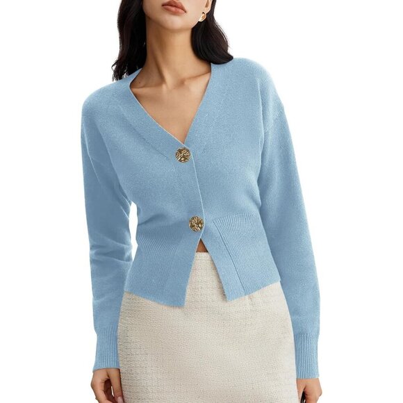 Sweaters - Women V Neck Cropped Cardigan Sweater Fitted Long Sleeve Fall Button Knit